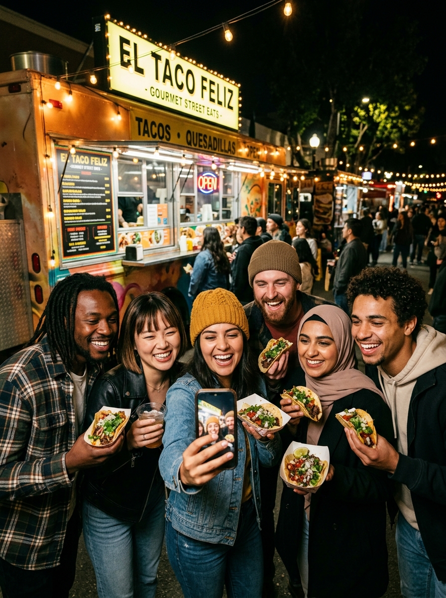 Happy Foodies Enjoying Street Food